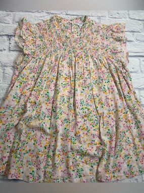 crown & ivy Pink Floral Ruffle Smocked Top with Yellow & Green Accents. Large.